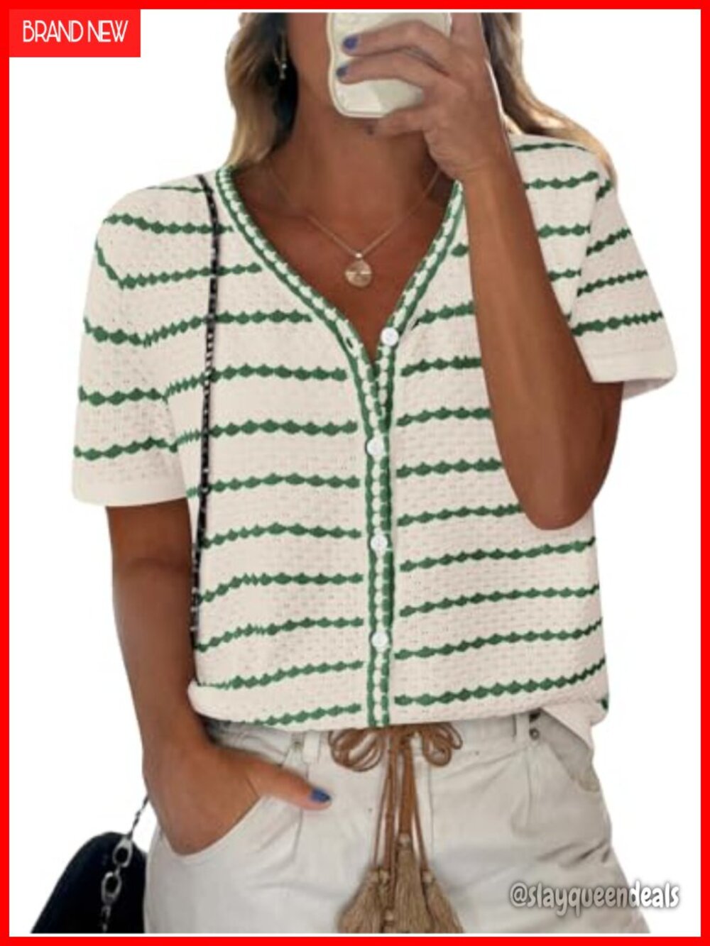 Women's Short Sleeve Cotton Acrylic Crochet Knit Sweater Button Down V-Neck